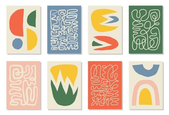 Set of 8 Matisse inspired wall art posters, brochure, flyer templates, contemporary collage. Organic line abstract pattern, hand drawn design, simple wallpaper. Dynamic shapes graphic vintage vector