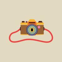 Analog retro photo camera with lens and buttons element in modern flat line style. Hand drawn vector illustration of leisure, vacation, travel, trip cartoon design. Vintage patch, logo, sticker