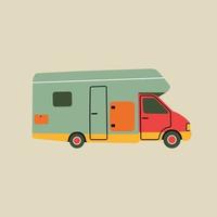 Camper, van, trailer car in modern flat line style. Hand drawn vector illustration of leisure, weekend, vacation, travel, road trip cartoon design. Vintage transportation patch, badge, emblem