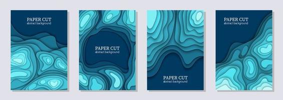 Vertical vector set of 4 blue flyers with paper cut waves shapes. 3D abstract paper art, design layout for business presentations, flyers, posters, prints, decoration, cards, brochure cover.