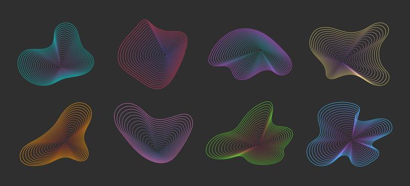 Set of 8 abstract graphic flowing liquid, fluid, organic shapes elements. Dynamic amorphous vector gradient waves and lines. Retro futurism and memphis vaporwave geometric, retro 80s and 90s cyberpunk