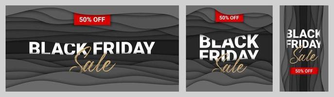Black friday sale. Vector collection of paper cut with words for poster, advertising, banner, site decoration, offer, promo, flyer, brochure, social media posts. Craft origami on black background.
