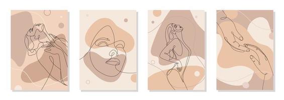 Set of 4 wall art posters. Single line drawn young woman figure, body, beauty face, barely touching hands, minimalistic. Dynamic continuous one line graphic vector design with pastel liquid shapes.