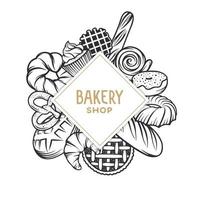 Set of vector bakery engraved elements. Typography design with bread, pastry, pie, buns, sweets, cupcake. Collection of modern linear graphic design template. Bakery shop. Top view composition.