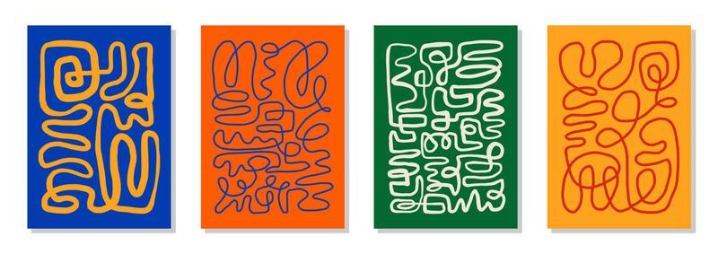 Set of 4 Matisse inspired wall art posters, brochure, flyer templates, contemporary collage. Organic one line abstract hand drawn design, wallpaper. Dynamic shapes graphic vintage vector