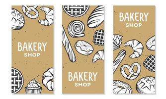 Set of bakery engraved elements. Typography design with bread, pastry, pie, buns, sweets, cupcake. Collection of modern linear graphic design vertical banner template. Bakery shop. vector