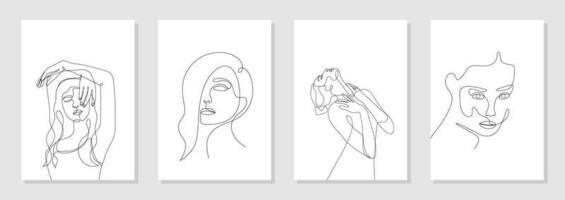 Set of 4 wall art posters. Single line drawn young woman figure, body, beauty face, minimalistic. Dynamic continuous one line graphic vector design isolated on white.