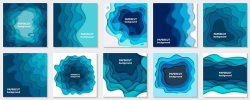 Vector collection of 10 backgrounds with blue paper cut shapes. 3D abstract paper art style, design layout for business presentations, flyers, posters, prints, decoration, cards, brochure cover.