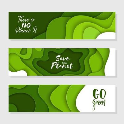 Set of 3 Earth Day abstract graphic organic paper cut. Dynamical waves, fluid shapes. Green horizontal banners with flowing lines. Template for the design for cover or presentation eco typography.