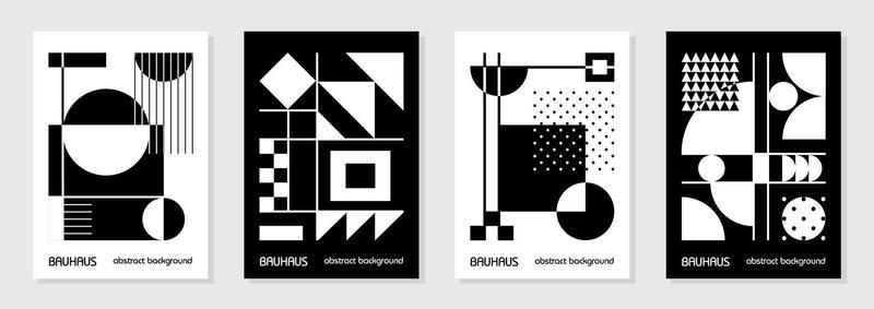 Set of 4 minimal vintage 20s geometric design posters, wall art, template, layout with primitive shapes elements. Bauhaus retro pattern background, vector abstract circle, triangle and square line art