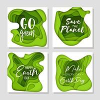 Set of 4 Earth Day abstract graphic organic paper cut. Dynamical waves, fluid shapes. Green square banners with flowing lines. Template for the design for social media posts, eco typography. vector