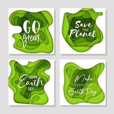 Set of 4 Earth Day abstract graphic organic paper cut. Dynamical waves, fluid shapes. Green square banners with flowing lines. Template for the design for social media posts, eco typography.