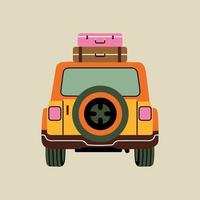 Car, loaded roof with luggage  element in modern flat line style. Hand drawn vector illustration of leisure, vacation, travel, road trip cartoon design. Vintage transportation patch, badge, emblem
