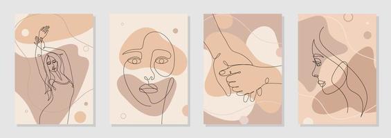 juego de 4 carteles de arte de pared. figura de mujer joven dibujada en una sola línea, cuerpo, cara de belleza, manos que muestran amor, romántico, minimalista. diseño de vector gráfico dinámico continuo de una línea aislado en blanco.