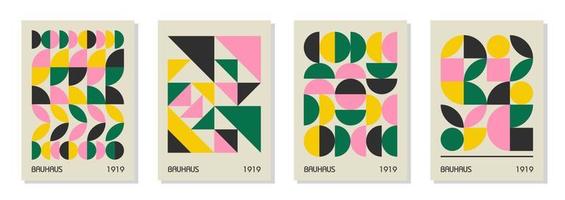 Set of 4 minimal vintage 20s geometric design posters, wall art, template, layout with primitive shapes elements. Bauhaus retro pattern background, vector abstract circle, triangle and square line art