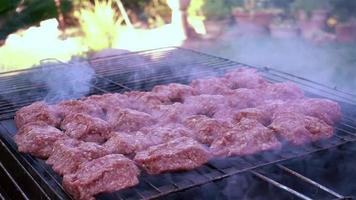 barbecuebeelden tonen een mooie dag in de tuin waar een barbecue staat opgesteld. plakjes vlees vullen de grill en rook komt langzaam uit de grill en verspreidt zich. gebruik dit om een buiten