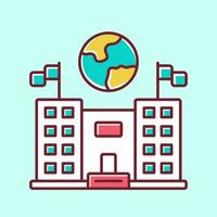 Immigration center blue color icon. Embassy and consulate building. Administrative governmental structure. Travel service. Earth globe over public building. Isolated vector illustration