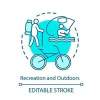 Fresh air recreation concept icon. Active rest, hiking, riding bicycle idea thin line illustration. Lake tourism, river vacation, fishing. Vector isolated outline drawing. Editable stroke....