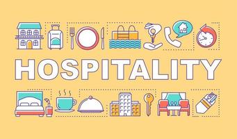 Hospitality word concepts banner. Lodging industry. Restaurant and hotel service. Presentation, website. Isolated lettering typography idea with linear icons. Vector outline illustration