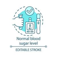 nivel normal de azúcar en la sangre, icono del concepto de atención médica. ilustración de línea delgada de idea de estilo de vida saludable. tratamiento de diabetes glucómetro y pluma de insulina vector dibujo de contorno aislado. trazo editable