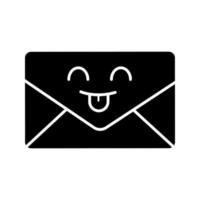 Smiling email character glyph icon. Quick and easy messenger. Envelope. Letter. Mailing. Emoji, emoticon. Silhouette symbol. Negative space. Vector isolated illustration