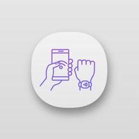 NFC bracelet connected to smartphone app icon. NFC phone synchronized with smartwatch. RFID wristband. UIUX user interface. Web or mobile application. Vector isolated illustration