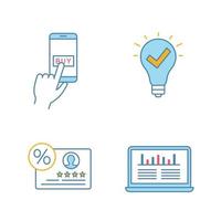 Customer retention and loyalty color icons set. Online payment, approved idea, reviews and feedback, web traffic analytics. Isolated vector illustrations