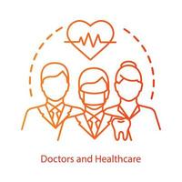 Healthcare system workers concept icon. Doctors, cardiologists, dentists in uniform idea thin line illustration. Medicine, health monitoring. Vector isolated outline drawing. Editable stroke..