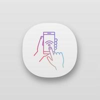 Hands holding NFC smartphone app icon. UIUX user interface. NFC phone. Near field communication. Mobile phone contactless payment. Web or mobile application. Vector isolated illustration