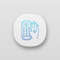NFC payment terminal app icon. Payment with NFC sticker. POS terminal and hand with RFID tag. UIUX user interface. E-payment. Web or mobile application. Vector isolated illustration