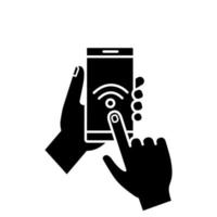 Hands holding NFC smartphone glyph icon. NFC phone. Near field communication. Mobile phone contactless payment. Wifi connection. Silhouette symbol. Negative space. Vector isolated illustration