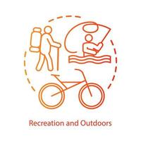 Recreation in countryside concept icon. Active rest, hiking, riding bicycle idea thin line illustration. Lake tourism, river vacation, fishing. Vector isolated outline drawing. Editable stroke..