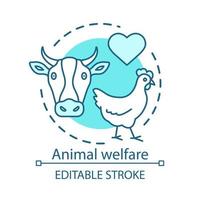 Animal welfare, protection concept icon. Voluntary wildlife care idea thin line illustration. Veterinary clinic. Heart symbol, chicken and cow vector isolated outline drawing. Editable stroke