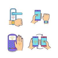 NFC technology color icons set. Near field door lock, bracelet, payment terminal, data transfer. Isolated vector illustrations