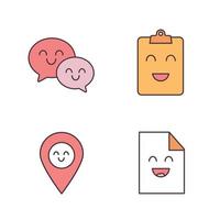 Smiling items color icons set. Characters. Happy speech bubbles, clipboard, map pinpoint, file. Isolated vector illustrations