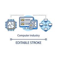 Computer industry concept icon. Information technology. Development and service of PC, smartphones, tablets, networks idea thin line illustration. Vector isolated outline drawing. Editable stroke