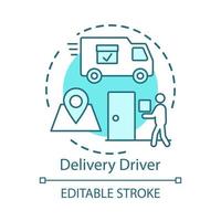 Delivery driver concept icon. Service worker idea thin line illustration. Express shipment, distribution. Delivery vehicle, truck. Cargo shipping. Vector isolated outline drawing. Editable stroke