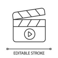 Filming linear icon. Film industry. Thin line illustration. Clapperboard. Time code slate. Video production. Cinematography. Contour symbol. Vector isolated outline drawing. Editable stroke