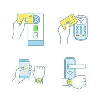 NFC technology color icons set. Near field credit card reader, payment terminal, smartphone and bracelet, door lock. Isolated vector illustrations