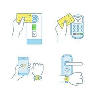 NFC technology color icons set. Near field credit card reader, payment terminal, smartphone and bracelet, door lock. Isolated vector illustrations