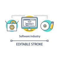 Software industry concept icon. PC program developing. Information technology. Case with settings, monitor, memory devices idea thin line illustration. Vector isolated outline drawing. Editable stroke