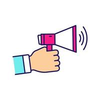 Marketing color icon. Announcement. Customers attraction. Advertising campaign. Hand holding megaphone. Bullhorn. Isolated vector illustration