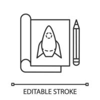 Product prototype creation linear icon. Startup planning. Thin line illustration. Prototyping, model making. Drawing album with rocket and pencil. Vector isolated outline drawing. Editable stroke