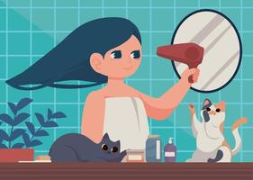 girl with hair dryer and cats vector