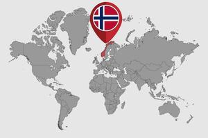 Pin map with Norway flag on world map. Vector illustration.