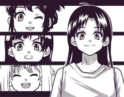 cuatro caras de anime de mujeres vector