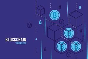 bitcoins en el fondo de la tecnología blockchain vector