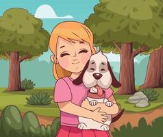 girl lifting dog in the park vector