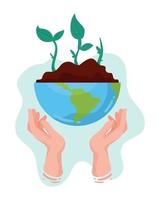 hands lifting earth with trees vector