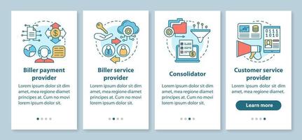 servicios de facturación que incorporan la pantalla de la página de la aplicación móvil con conceptos lineales. pago del facturador, proveedor de asesoramiento. instrucciones gráficas de cuatro pasos de recorrido. ux, ui, plantilla vectorial gui con ilustraciones vector